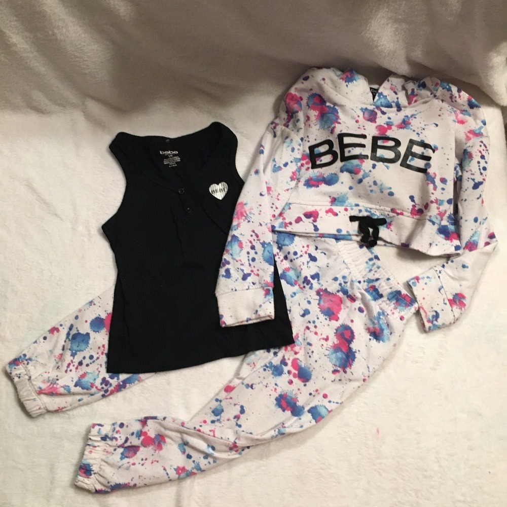 Bebe 3 Piece Activewear‎ Set Girls Small 4 White Pink Blue Splatter Excellent